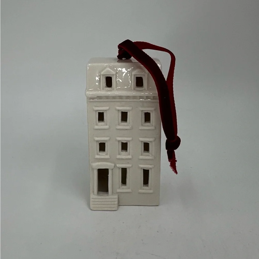 Crate and Barrel Ceramic White Brownstone Christmas Ornament